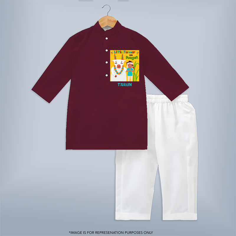 Little Farmer On Pongal - Customized Kurta Set For Kids - MAROON - 3 - 6 Months Old (Chest 24", Kurta Length 14'', Waist 19", Pant Length 14")