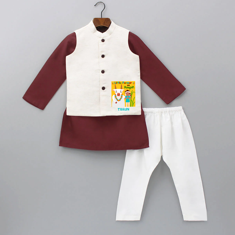 Little Farmer On Pongal - Customized Kurta WaistCoat For Kids - MAROON - 3 - 6 Months Old (Chest 24", Kurta Length 14'', Waist 19", Pant Length 14")