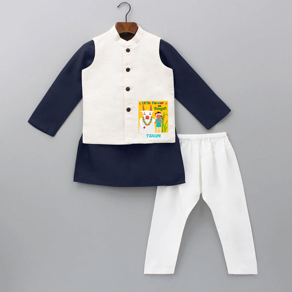 Little Farmer On Pongal - Customized Kurta WaistCoat For Kids - NAVY BLUE - 3 - 6 Months Old (Chest 24", Kurta Length 14'', Waist 19", Pant Length 14")