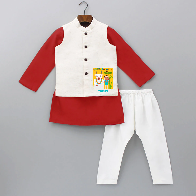 Little Farmer On Pongal - Customized Kurta WaistCoat For Kids - RED - 3 - 6 Months Old (Chest 24", Kurta Length 14'', Waist 19", Pant Length 14")