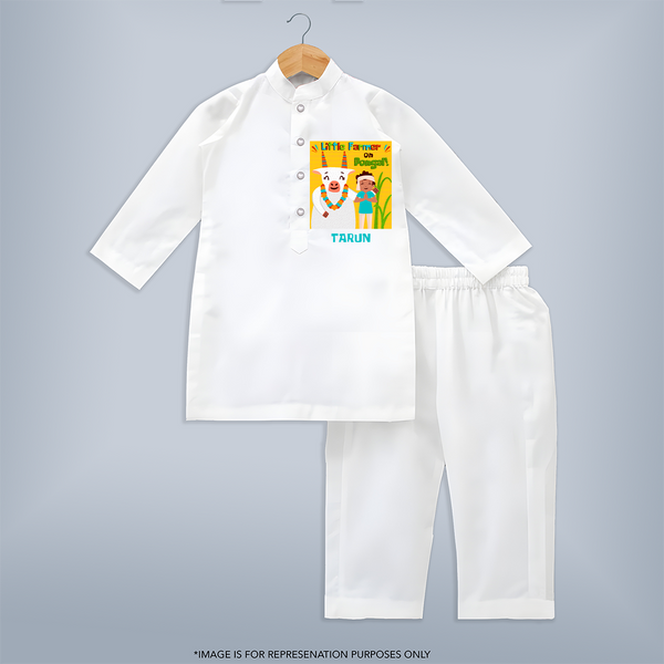 Little Farmer On Pongal - Customized Kurta Set For Kids - WHITE - 3 - 6 Months Old (Chest 24", Kurta Length 14'', Waist 19", Pant Length 14")