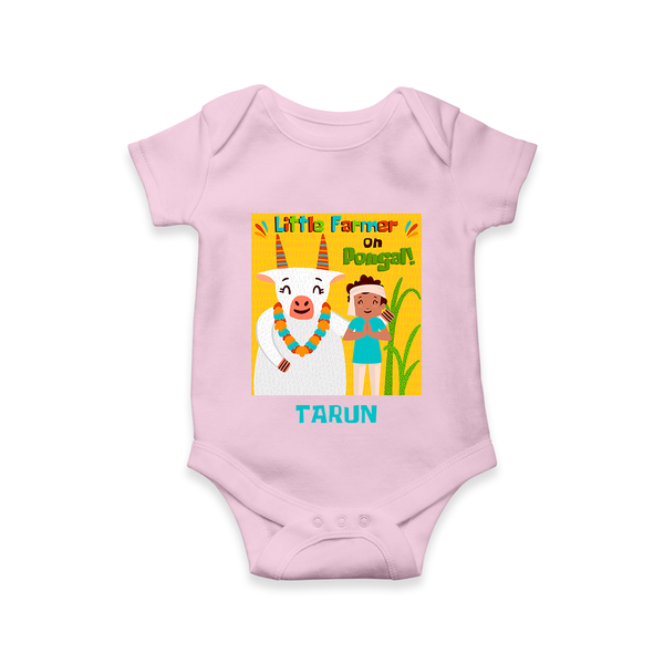 Little Farmer with Cow – Yellow Theme | Personalized Kids Romper  - BABY PINK - New Born (Chest 14")