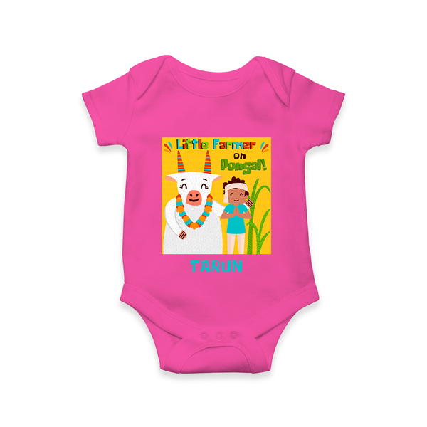 Little Farmer with Cow – Yellow Theme | Personalized Kids Romper  - HOT PINK - New Born (Chest 14")