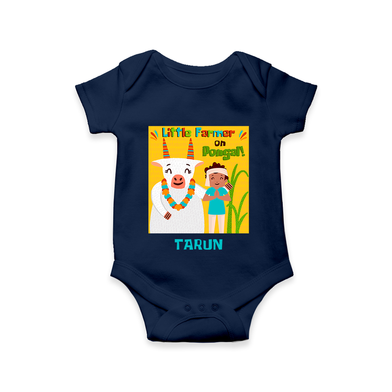 Little Farmer On Pongal - Customized Romper For Babies - NAVY BLUE - 0 - 3 Months Old (Chest 16")