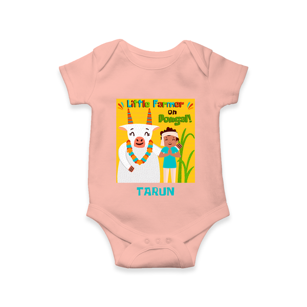 Little Farmer with Cow – Yellow Theme | Personalized Kids Romper  - PEACH - New Born (Chest 14")