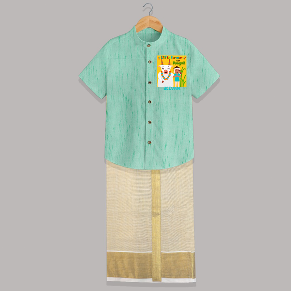 Little Farmer with Cow – Yellow Theme | Personalized Kids Shirt & Dhoti  - AQUA GREEN - 0 - 6 Months Old (Chest-23") (Dhoti length-14")