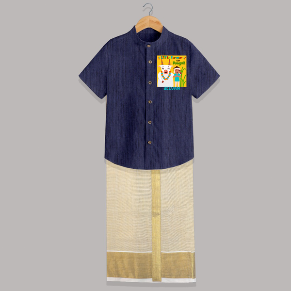 Little Farmer with Cow – Yellow Theme | Personalized Kids Shirt & Dhoti  - DARK BLUE - 0 - 6 Months Old (Chest-23") (Dhoti length-14")