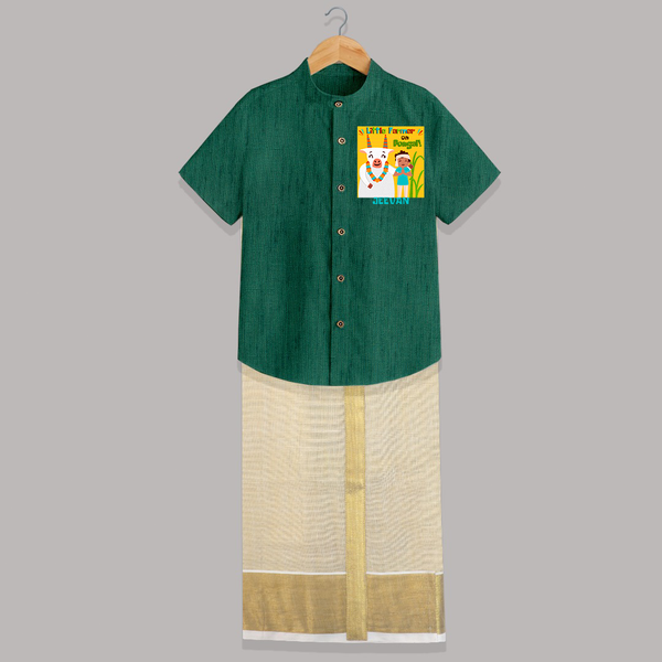 Little Farmer with Cow – Yellow Theme | Personalized Kids Shirt & Dhoti  - DARK GREEN - 0 - 6 Months Old (Chest-23") (Dhoti length-14")