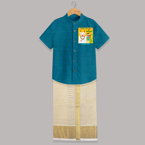 Little Farmer with Cow – Yellow Theme | Personalized Kids Shirt & Dhoti  - PEACOCK BLUE - 0 - 6 Months Old (Chest-23") (Dhoti length-14")