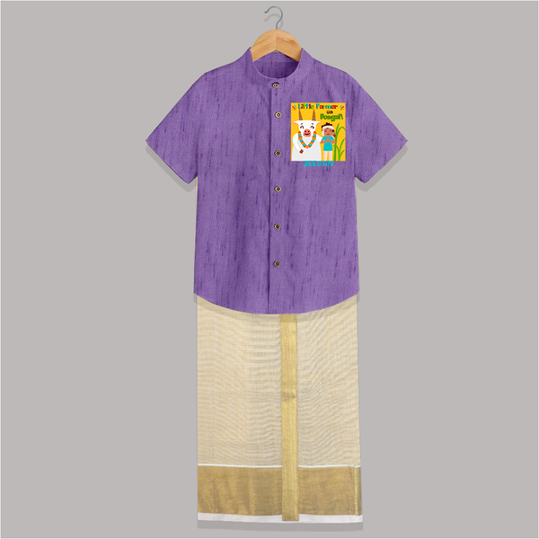 Little Farmer with Cow – Yellow Theme | Personalized Kids Shirt & Dhoti  - ROYAL PURPLE - 0 - 6 Months Old (Chest-23") (Dhoti length-14")