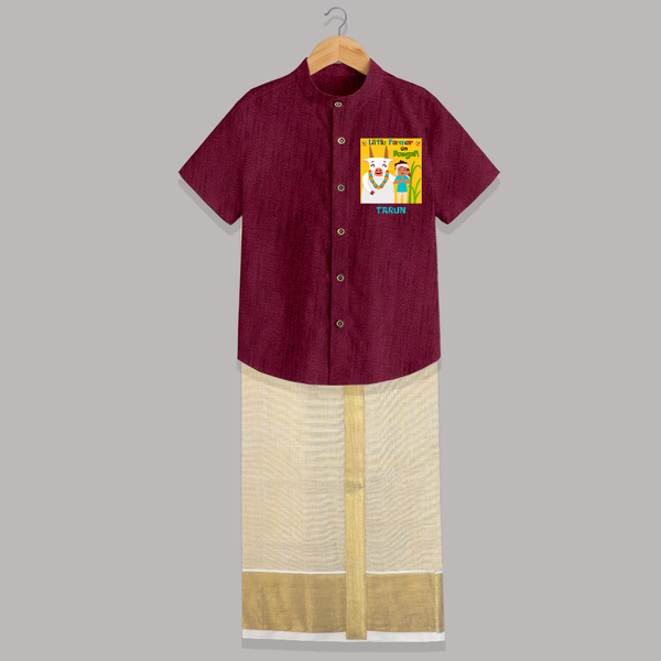 Little Farmer On Pongal - Customized Raw Silk Shirt And Dhoti For Kids - WINE - 0 - 6 Months Old (Chest-23") (Dhoti length-14")