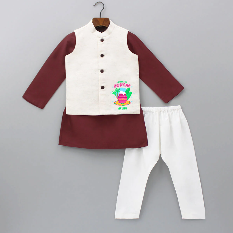 Sweet As Pongal - Customized Kurta WaistCoat For Kids - MAROON - 3 - 6 Months Old (Chest 24", Kurta Length 14'', Waist 19", Pant Length 14")