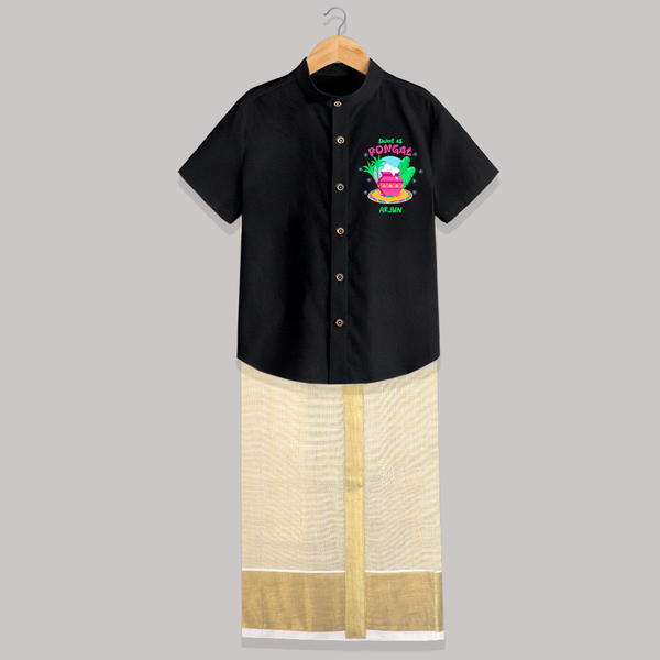 Sweet As Pongal - Customized Raw Silk Shirt And Dhoti For Kids - BLACK - 0 - 6 Months Old (Chest-23") (Dhoti length-14")