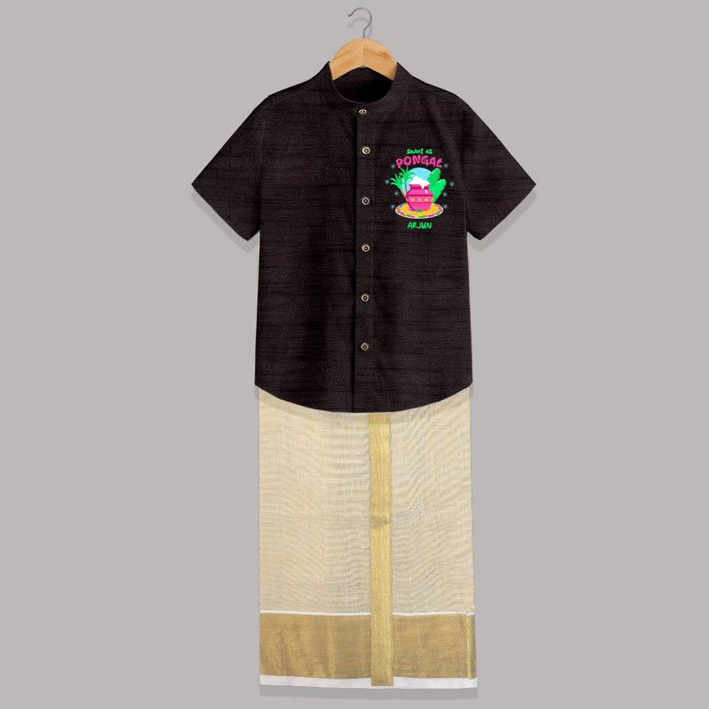 Sweet As Pongal - Customized Raw Silk Shirt And Dhoti For Kids - COFFEE - 0 - 6 Months Old (Chest-23") (Dhoti length-14")