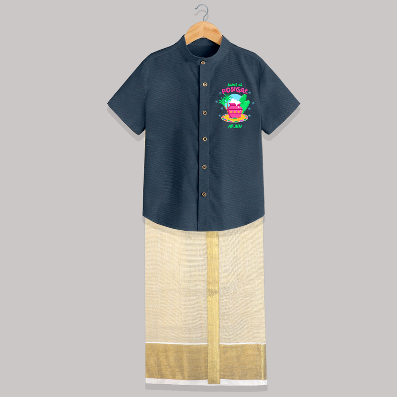 Sweet As Pongal - Customized Raw Silk Shirt And Dhoti For Kids - ELEPHANT GREY - 0 - 6 Months Old (Chest-23") (Dhoti length-14")