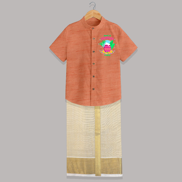 Sweet as Pongal Pot Illustration | Personalized Kids Shirt & Dhoti  - ORANGE - 0 - 6 Months Old (Chest-23") (Dhoti length-14")