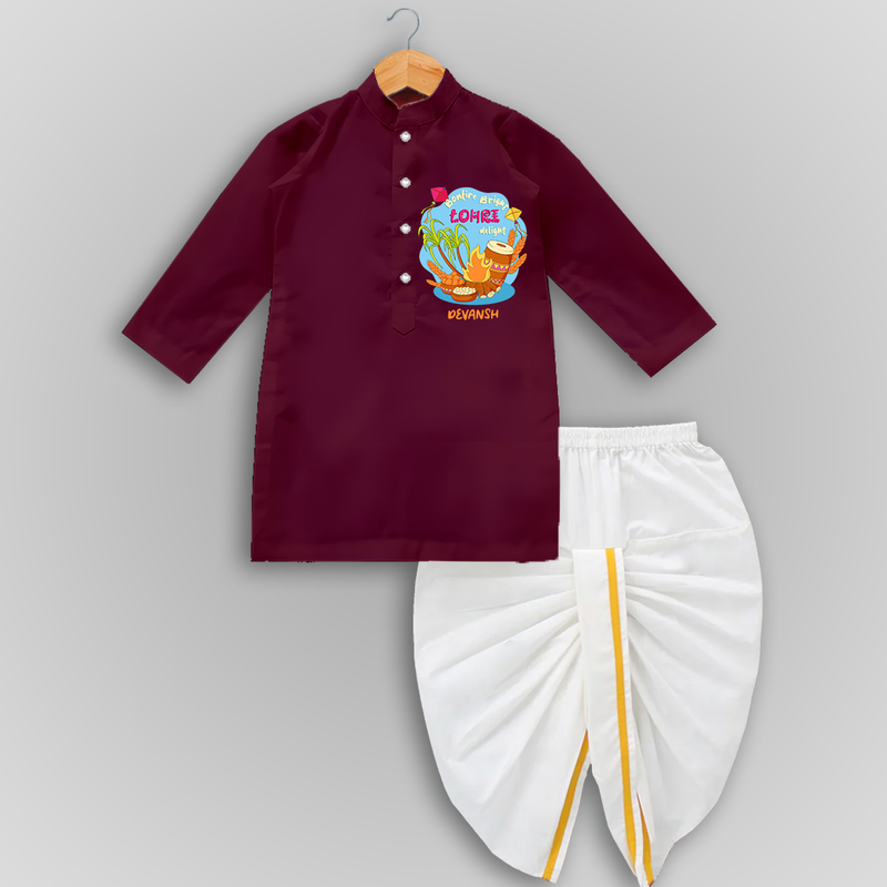 Bonfire Bright Lohre Delight - Customized Drapped Dhoti For Kids - MAROON - 0 - 6 Month Old (Chest 24", Kurta Length 14" , Waist 19", Dhoti Length 14")