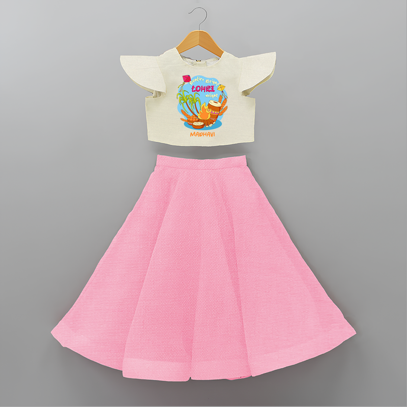 Bonfire Bright Lohre Delight - Customized Crop Top And Skirt For Kids - PINK - 6 - 9 Months Old (Chest 20" , Frock Waist 20")