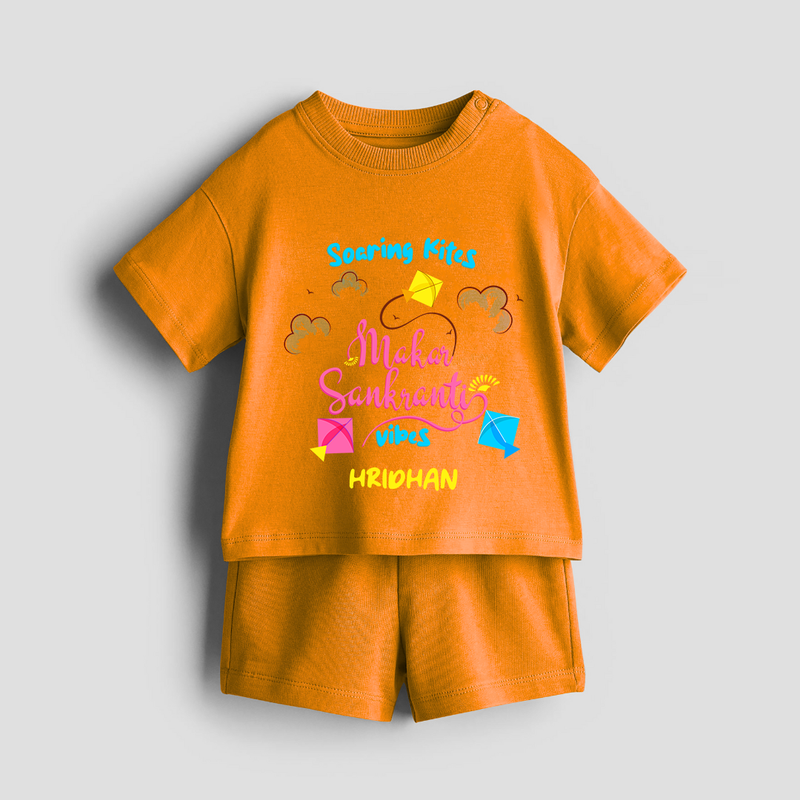 Soaring Kites Makar Sankranti Vibes - Customized Co-ord Set For Kids - TANGERINE - 1-2 Years Old (Chest 22")