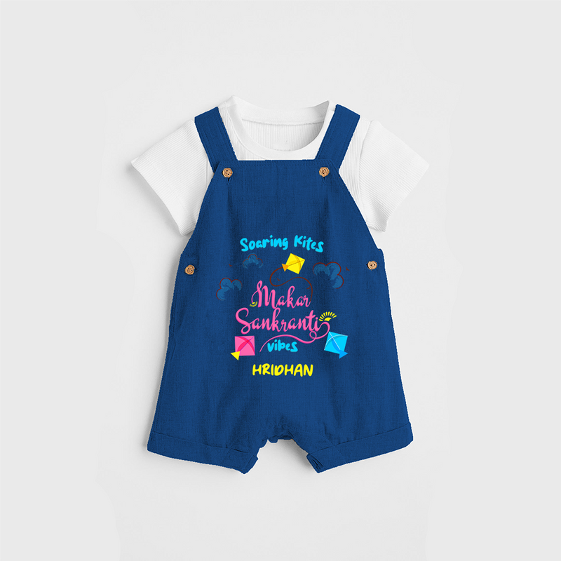 Soaring Kites Makar Sankranti Vibes - Customized Dungaree Set For Kids - COBALT BLUE - 0 - 5 Months Old (Chest 18")