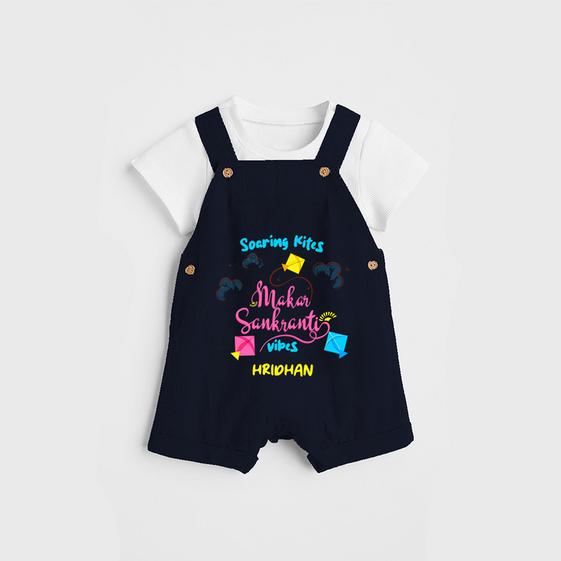 Soaring Kites Makar Sankranti Vibes - Customized Dungaree Set For Kids - NAVY BLUE - 0 - 5 Months Old (Chest 18")