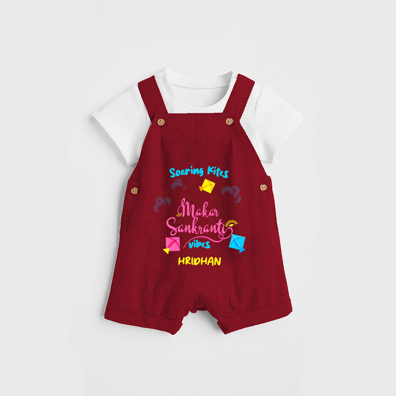 Soaring Kites Makar Sankranti Vibes - Customized Dungaree Set For Kids - RED - 0 - 5 Months Old (Chest 18")