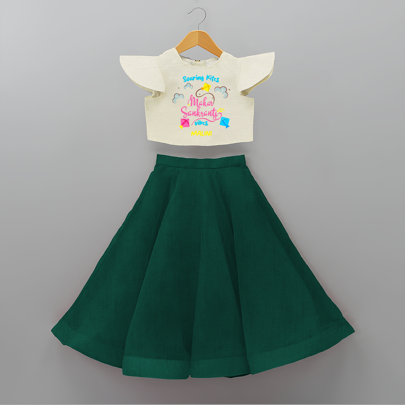 Soaring Kites Makar Sankranti Vibes - Customized Crop Top And Skirt For Kids - BOTTLE GREEN - 6 - 9 Months Old (Chest 20" , Frock Waist 20")