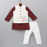 Soaring Kites Makar Sankranti Vibes - Customized Kurta WaistCoat For Kids - MAROON - 3 - 6 Months Old (Chest 24", Kurta Length 14'', Waist 19", Pant Length 14")