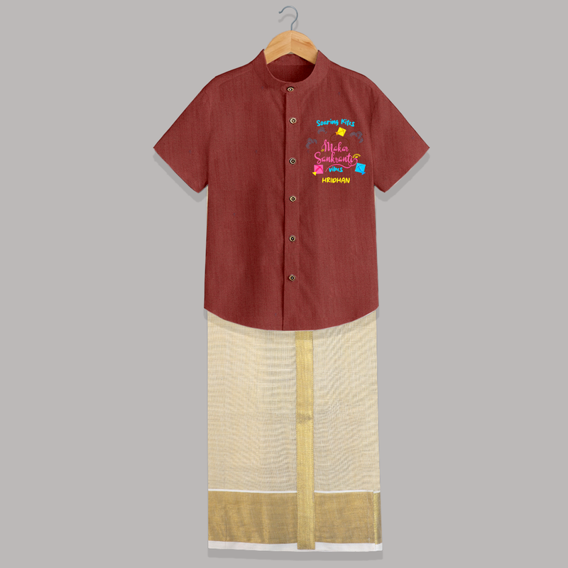 Soaring Kites Makar Sankranti Vibes - Customized Raw Silk Shirt And Dhoti For Kids - MAUVE - 0 - 6 Months Old (Chest-23") (Dhoti length-14")