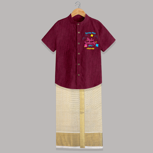 Soaring Kites Makar Sankranti Vibes - Customized Raw Silk Shirt And Dhoti For Kids - WINE - 0 - 6 Months Old (Chest-23") (Dhoti length-14")