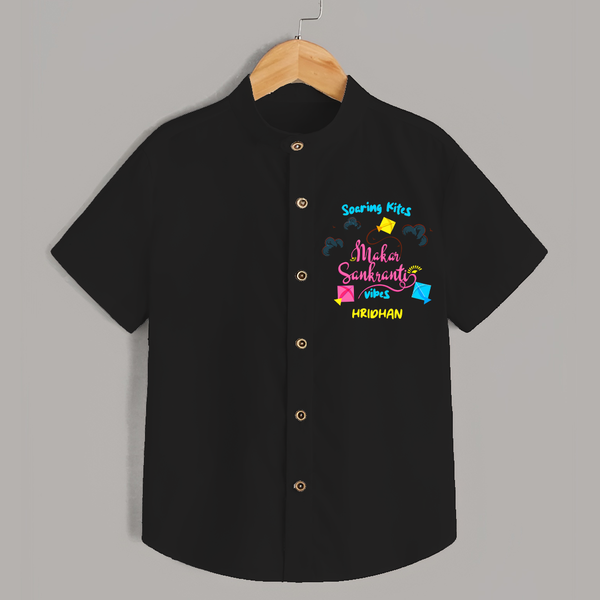 Soaring Kites Makar Sankranti Vibes - Customized Shirt For Kids - BLACK - 0 - 6 Months Old (Chest 23")