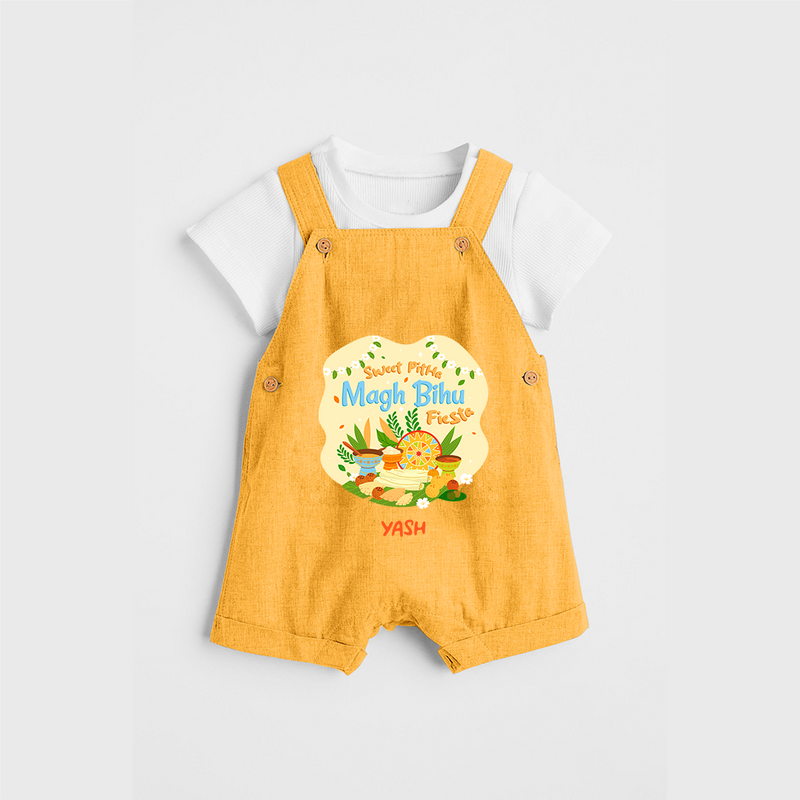 Sweet Pitha Magh Bihu Fiesta - Customized Dungaree Set For Kids - PASTEL YELLOW - 0 - 5 Months Old (Chest 18")