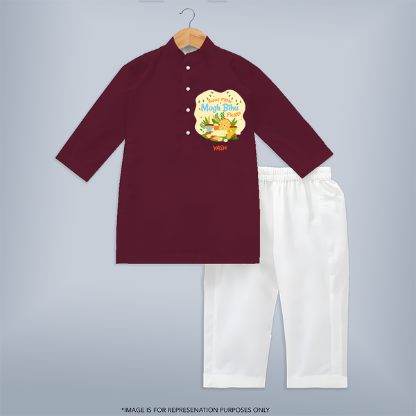 Sweet Pitha Magh Bihu Fiesta - Customized Kurta Set For Kids - MAROON - 3 - 6 Months Old (Chest 24", Kurta Length 14'', Waist 19", Pant Length 14")