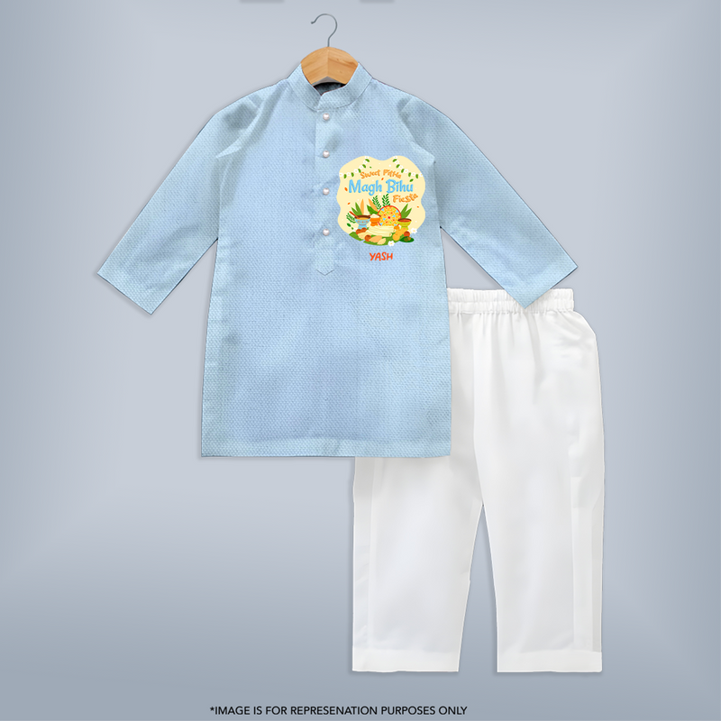 Sweet Pitha Magh Bihu Fiesta - Customized Kurta Set For Kids - SKY BLUE - 3 - 6 Months Old (Chest 24", Kurta Length 14'', Waist 19", Pant Length 14")