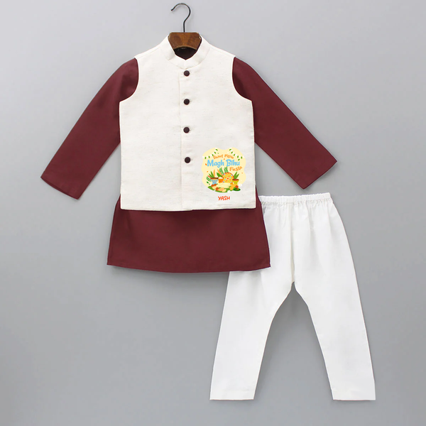 Sweet Pitha Magh Bihu Fiesta - Customized Kurta WaistCoat For Kids - MAROON - 3 - 6 Months Old (Chest 24", Kurta Length 14'', Waist 19", Pant Length 14")