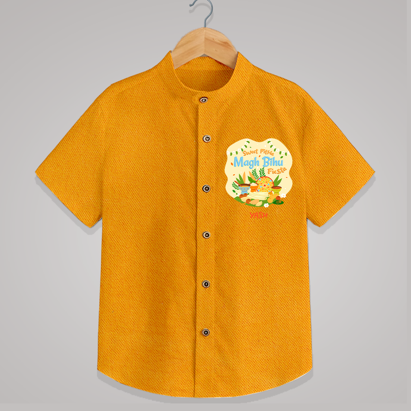 Sweet Pitha Magh Bihu Fiesta - Customized Shirt For Kids - CHROME YELLOW - 0 - 6 Months Old (Chest 23")