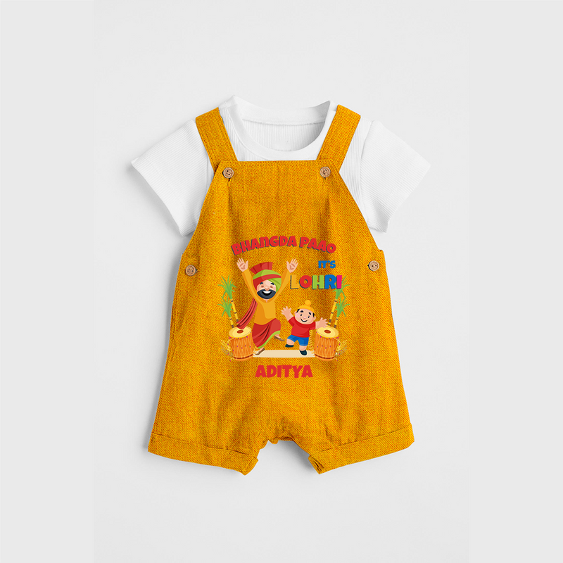 Bhangda Paao It's Lohri - Customized Dungaree Set For Kids - CHROME YELLOW - 0 - 5 Months Old (Chest 18")