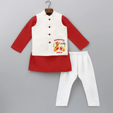 Bhangda Paao It's Lohri - Customized Kurta WaistCoat For Kids - RED - 3 - 6 Months Old (Chest 24", Kurta Length 14'', Waist 19", Pant Length 14")