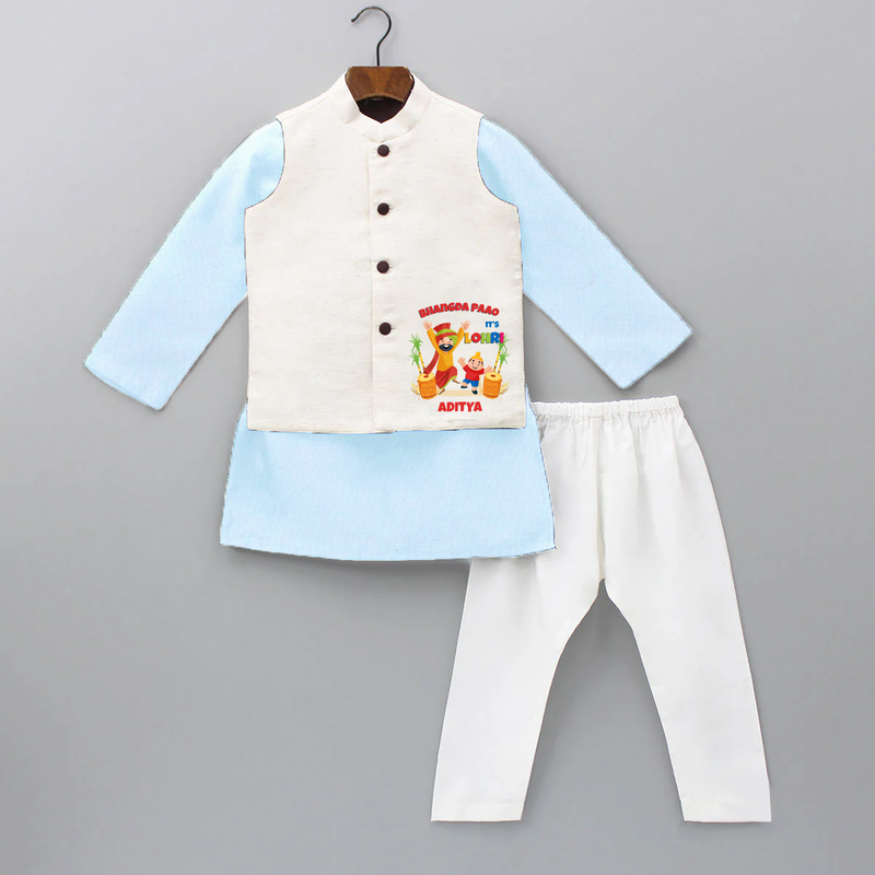 Bhangda Paao It's Lohri - Customized Kurta WaistCoat For Kids - SKY BLUE - 3 - 6 Months Old (Chest 24", Kurta Length 14'', Waist 19", Pant Length 14")