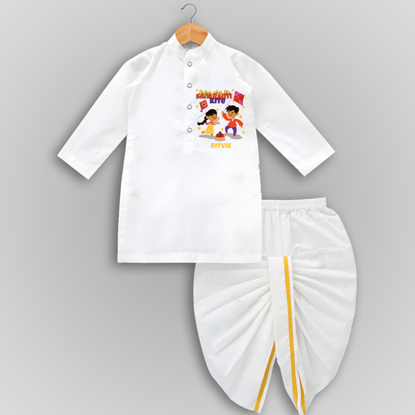 Flying High Like Sankranti Kite - Customized Drapped Dhoti For Kids - WHITE - 0 - 6 Month Old (Chest 24", Kurta Length 14" , Waist 19", Dhoti Length 14")