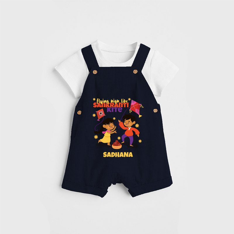 Flying High Like Sankranti Kite - Customized Dungaree Set For Kids - NAVY BLUE - 0 - 5 Months Old (Chest 18")