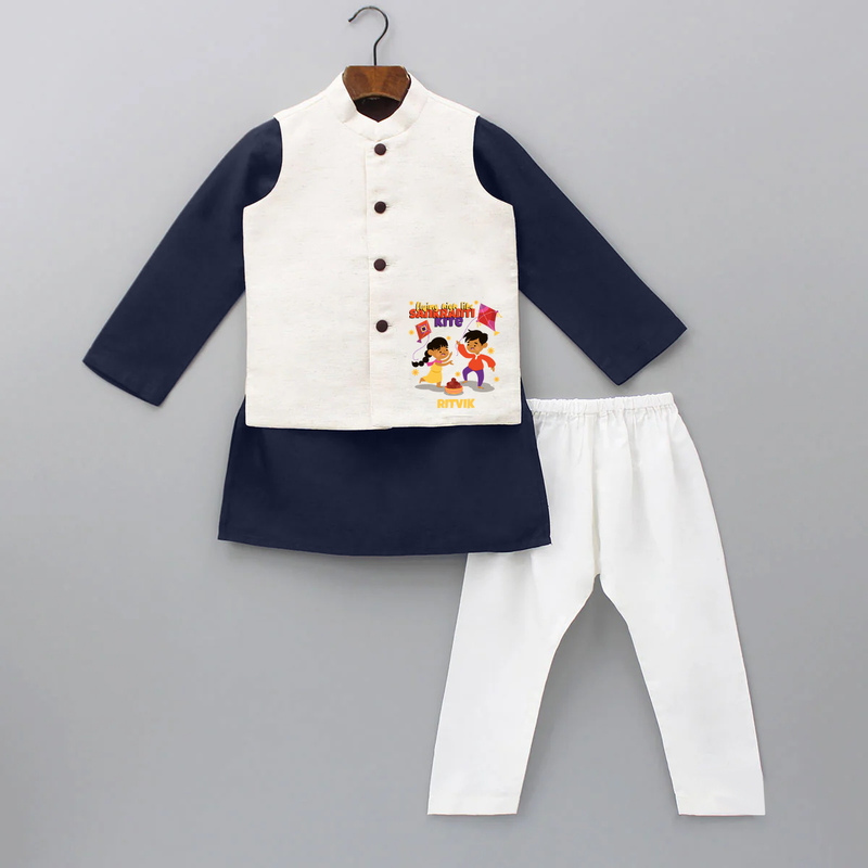 Flying High Like Sankranti Kite - Customized Kurta WaistCoat For Kids - NAVY BLUE - 3 - 6 Months Old (Chest 24", Kurta Length 14'', Waist 19", Pant Length 14")