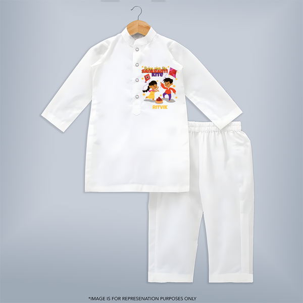 Flying High Like Sankranti Kite - Customized Kurta Set For Kids - WHITE - 3 - 6 Months Old (Chest 24", Kurta Length 14'', Waist 19", Pant Length 14")