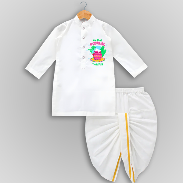 My First Pongal - Customized Drapped Dhoti For Kids - WHITE - 0 - 6 Month Old (Chest 24", Kurta Length 14" , Waist 19", Dhoti Length 14")