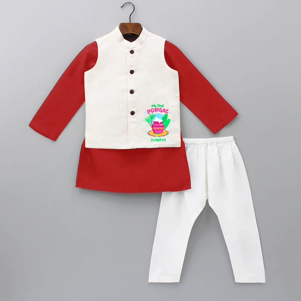 My First Pongal - Customized Kurta WaistCoat For Kids - RED - 3 - 6 Months Old (Chest 24", Kurta Length 14'', Waist 19", Pant Length 14")