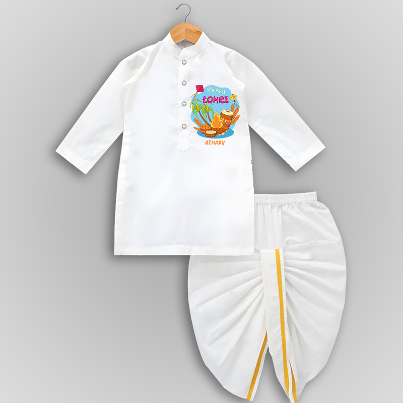 My First Lohre - Customized Drapped Dhoti For Kids - WHITE - 0 - 6 Month Old (Chest 24", Kurta Length 14" , Waist 19", Dhoti Length 14")