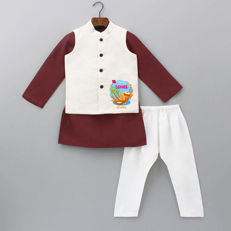 My First Lohre - Customized Kurta WaistCoat For Kids - MAROON - 3 - 6 Months Old (Chest 24", Kurta Length 14'', Waist 19", Pant Length 14")