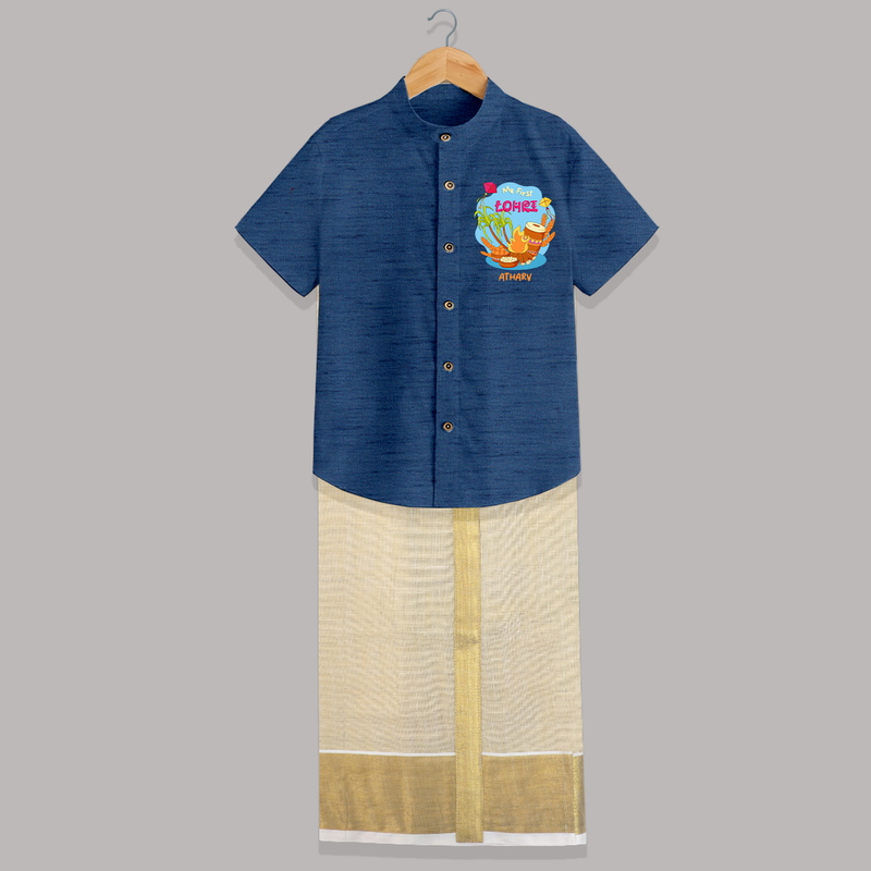 My First Lohre - Customized Raw Silk Shirt And Dhoti For Kids - DEEP BLUE - 0 - 6 Months Old (Chest-23") (Dhoti length-14")