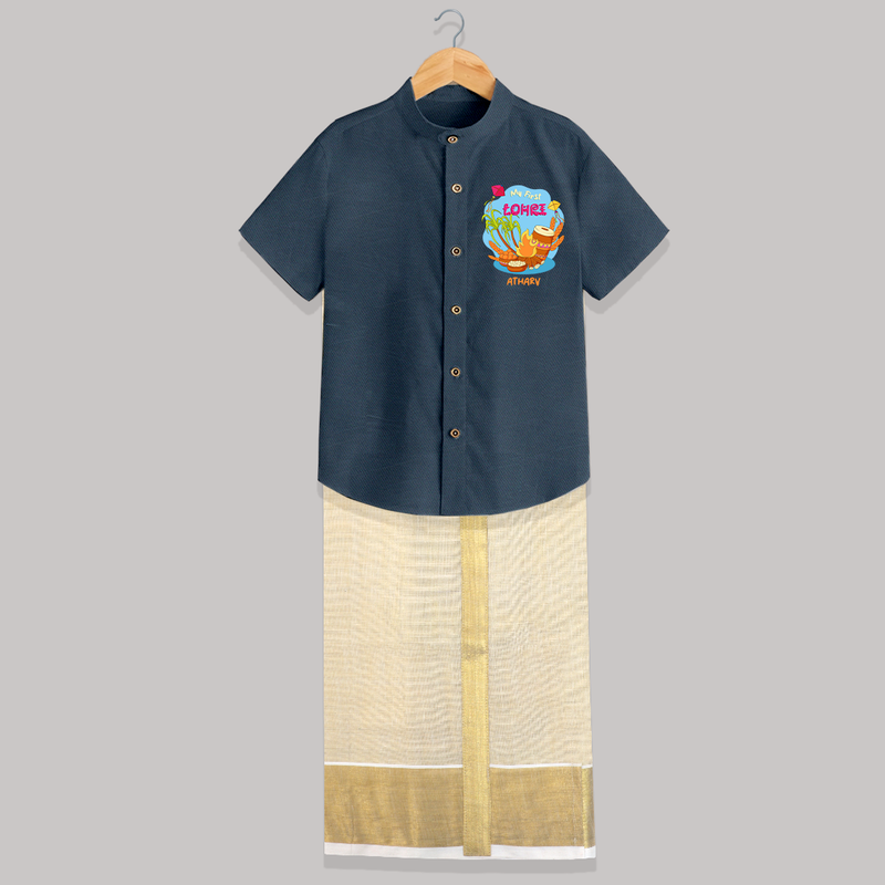 My First Lohre - Customized Raw Silk Shirt And Dhoti For Kids - ELEPHANT GREY - 0 - 6 Months Old (Chest-23") (Dhoti length-14")