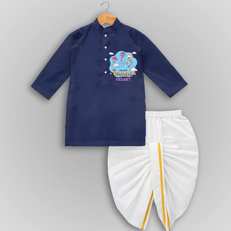 My First Uttarayan - Customized Drapped Dhoti For Kids - NAVY BLUE - 0 - 6 Month Old (Chest 24", Kurta Length 14" , Waist 19", Dhoti Length 14")